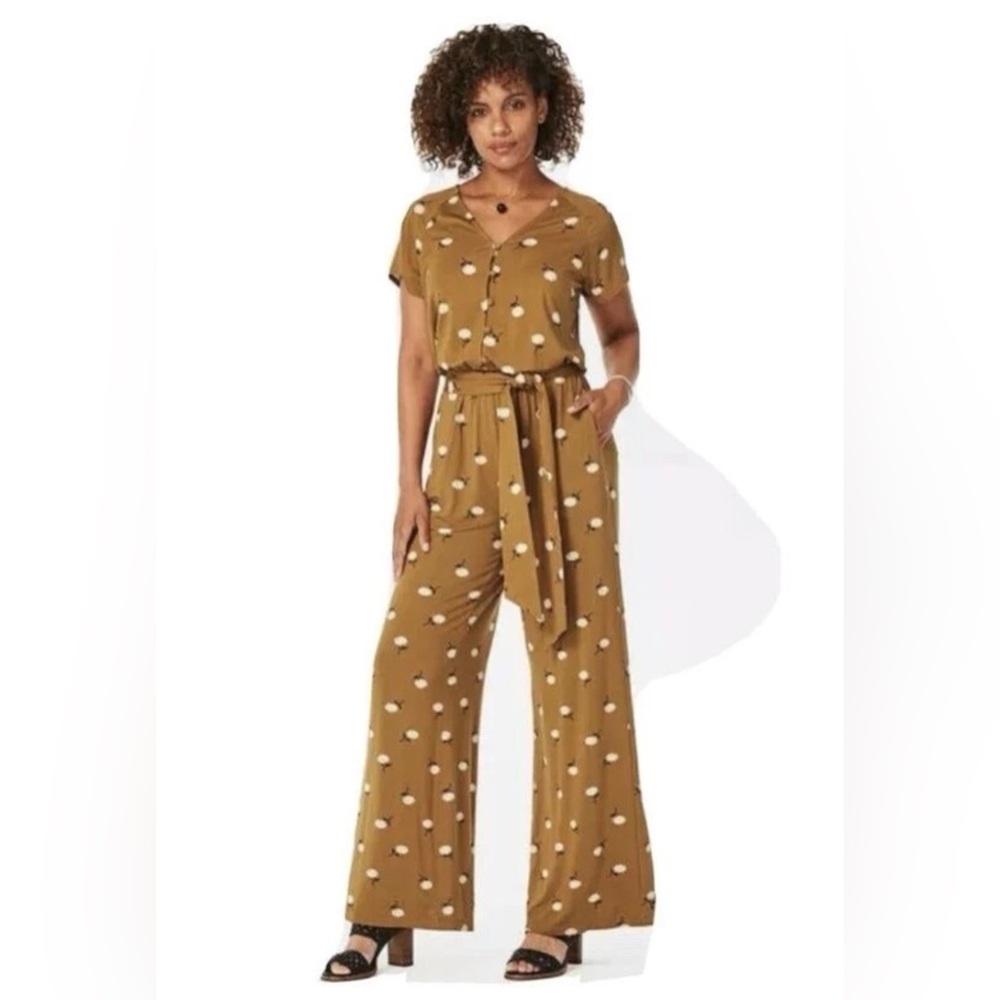 Matilda Jane Wide Leg Tie Waist Jumpsuit Yellow Front Daisy Floral Size Large